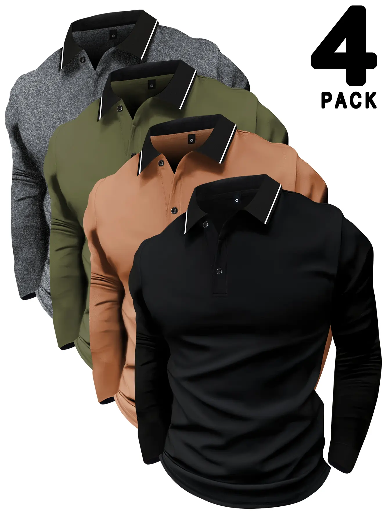 4-Pack Men's Long-Sleeve T-Shirts New Spring Fall Polo Shirts in Regular Oversized Sizes Solid Color Smooth Fabric Casual Outdoor Camping Wrinkle-Resistant High-End Business-Style Collared Polo Shirts