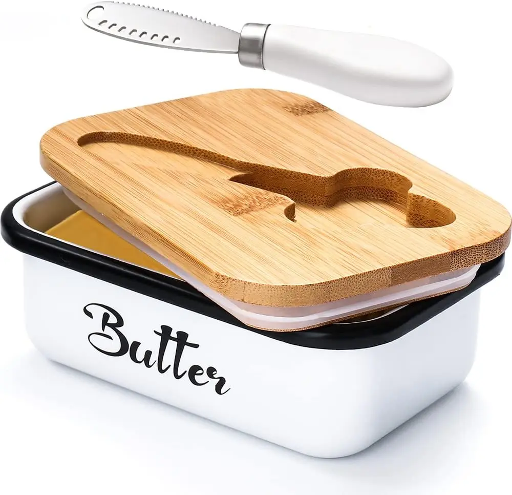 Butter Dish with Lid: Butter Dish for Countertop- with Stainless Steel Multipurpose Butter Knife,Large Butter Container with Silicone Kitchen Gift White