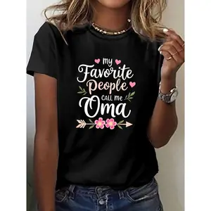 Women's "My Favorite People Call Me Oma" Floral & Heart Print T-Shirt - Vibrant Green Short Sleeve Crew Neck Casual Top, Breathable Medium-Stretch Fabric for Summer & Spring, Machine Washable Clothes Womenswear Apparel Cotton Pieces Printed