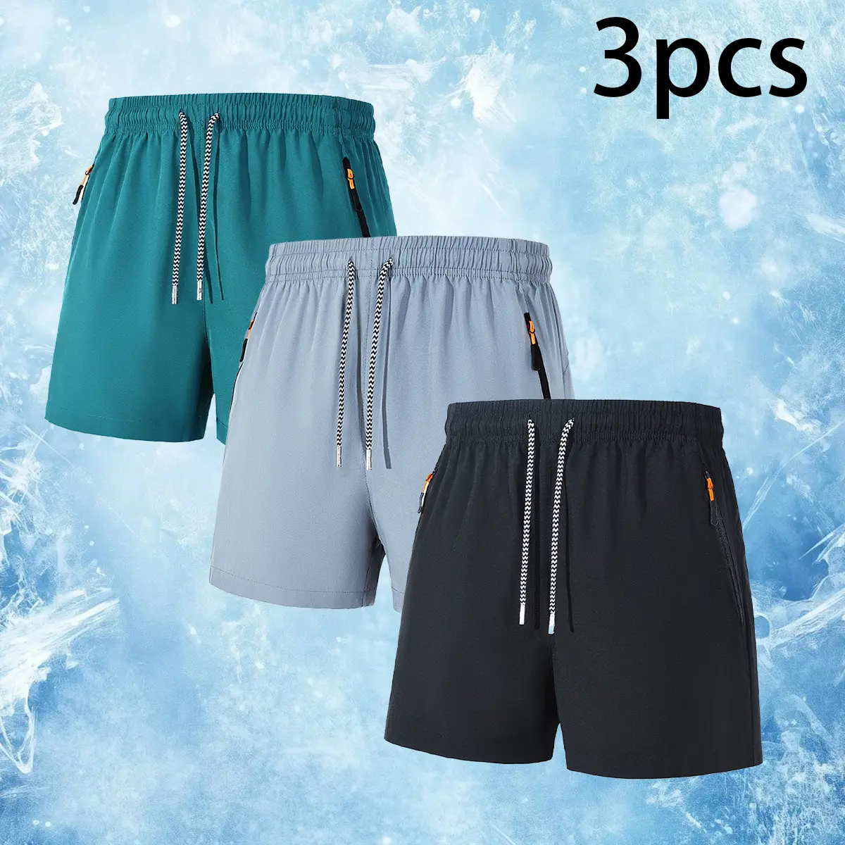 Men's 3-Pack Quick-Dry Active Sport Shorts - Loose-Fit Artificial Fabric Above-the-Knee Bottoms with Elastic Waist, Drawstring Deep Zipper Pockets for Gym, Running, Sporty Chic Men's Shorts