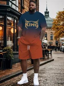 Men's Summer Gradient Print T-Shirt and Shorts Set, Loose Fit, Short Sleeve, Casual Streetwear Style, 2-Piece, Large Size, Outfit