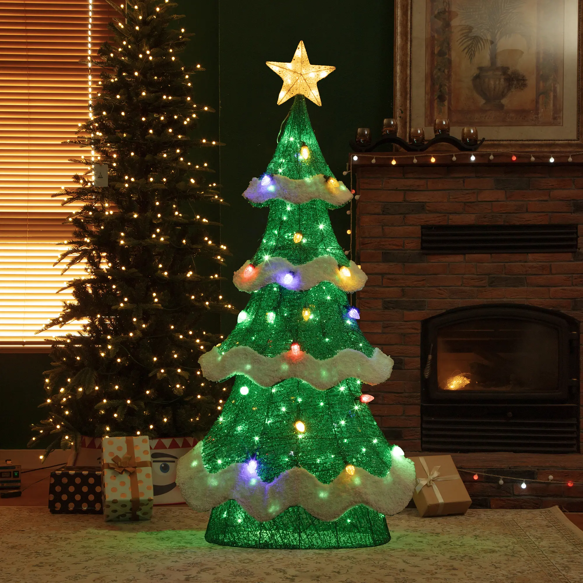 Glitzhome 74.50"H Lighted 3D Mesh Christmas Tree with Colorful Bulbs and 261 Green LED Lights (KD)