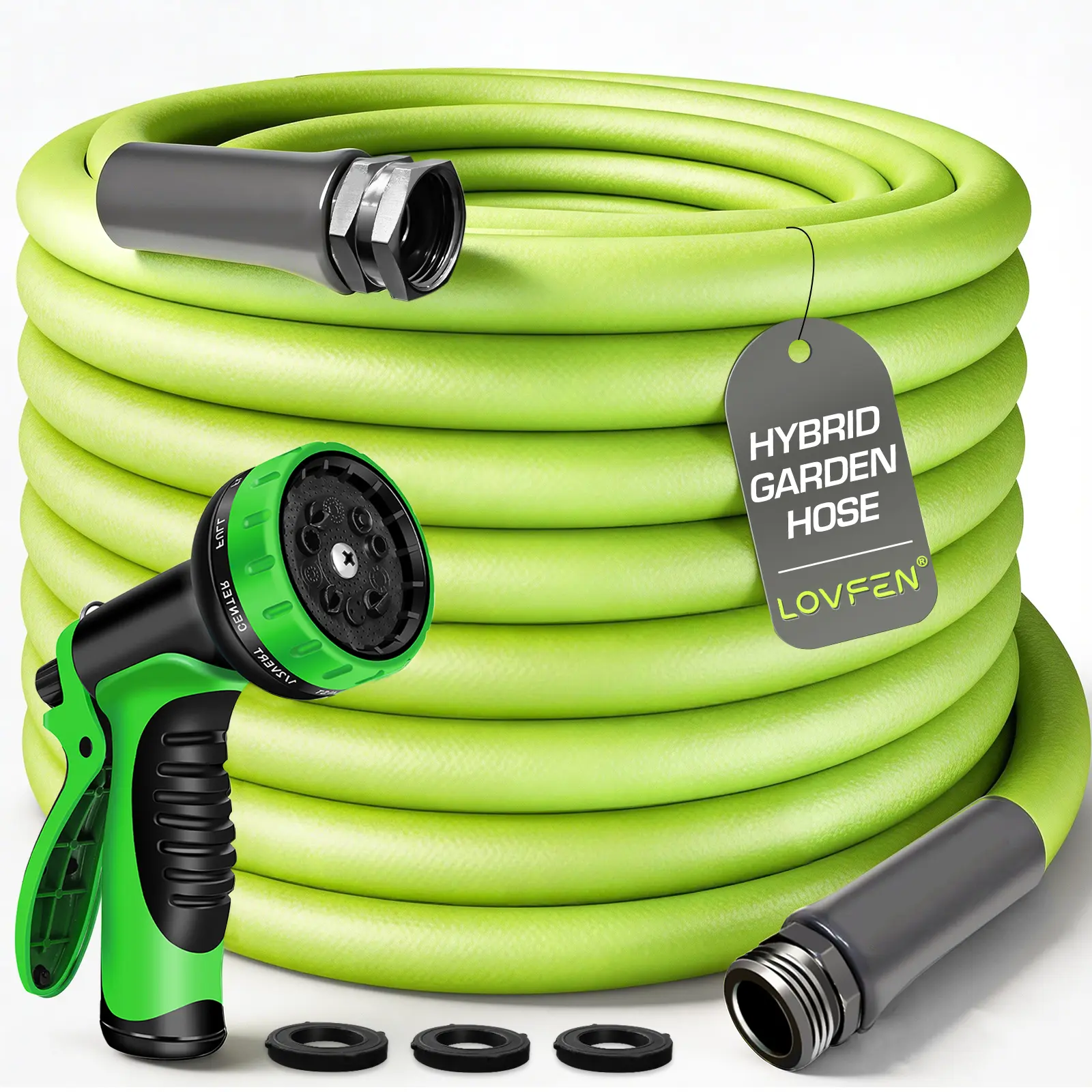 LOVFEN 150Ft 5/8 Inch x 150 PSI Flexible Leakproof Rubber and Plastic Garden Hose| Durable Green Hose for Home, Outdoor, Lawn, Patio| Safe Drinking Water, American Standard Threaded Connections