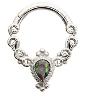 Swirl Purple Aurora Teardrop CZ Stainless Steel Hinged Segment Ring