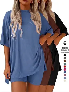 Crewneck Two-Piece Set For Women Summer Casual Pullzise Split Hem Shirts & Side Pocket Biker Shorts Minimalist Lounge Wear Soft MILK SILK Fabric Comfy Homewear Cozy Pjs Clothes Top Womenswear Suits Gamis
