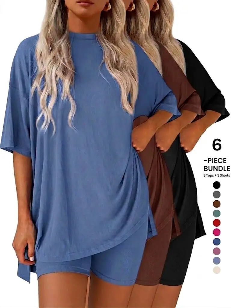Crewneck Two-Piece Set For Women Summer Casual Pullzise Split Hem Shirts & Stretchy Biker Shorts Minimalist Lounge Wear Soft MILK SILK Fabric Comfy Homewear Soft Stretch Lounge Pajama Set for Home, Sleep and Travel
