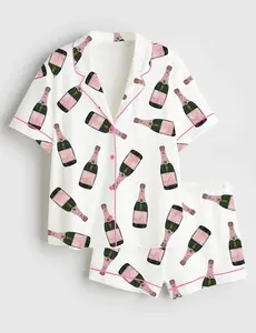 Women's Champagne Bottle Short,Long Sleeve Satin Pajama Set