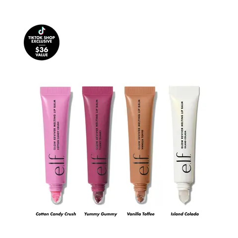 e.l.f. Glow Reviver Melting Lip Balm 4-Pack - Island Colada, Cotton Candy Crush, Vanilla Toffee, Yummy Gummy - Smooth Application, Buildable Color, Hydrating Butters