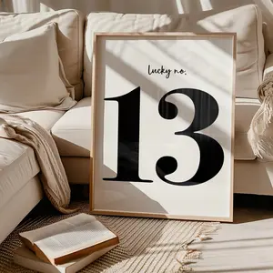 Lucky Number 13, Printable wall art numbers, Eclectic Wall art, Bold scandi art, Modern Black & White Typography