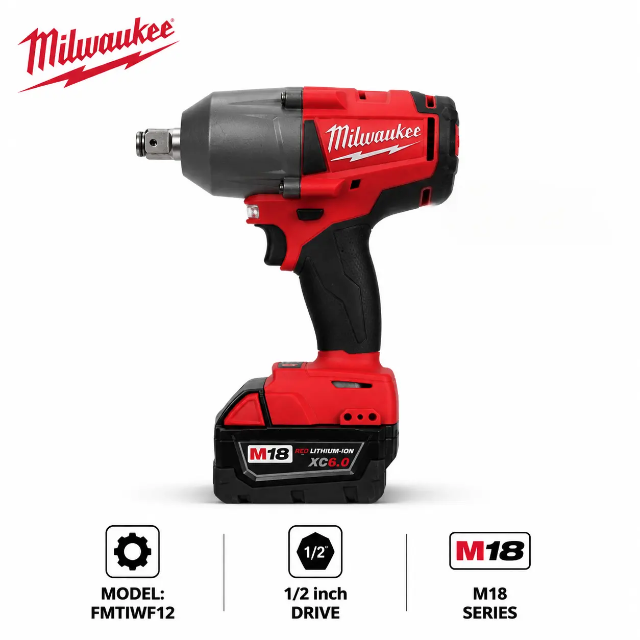 Milwaukee M18 FMTIWF12 900Nm 1/2 Inch Cordless Impact Wrench for Mechanical Repair, Factory Maintenance, Truck Service, Steel Structure Assembly and Equipment Installation