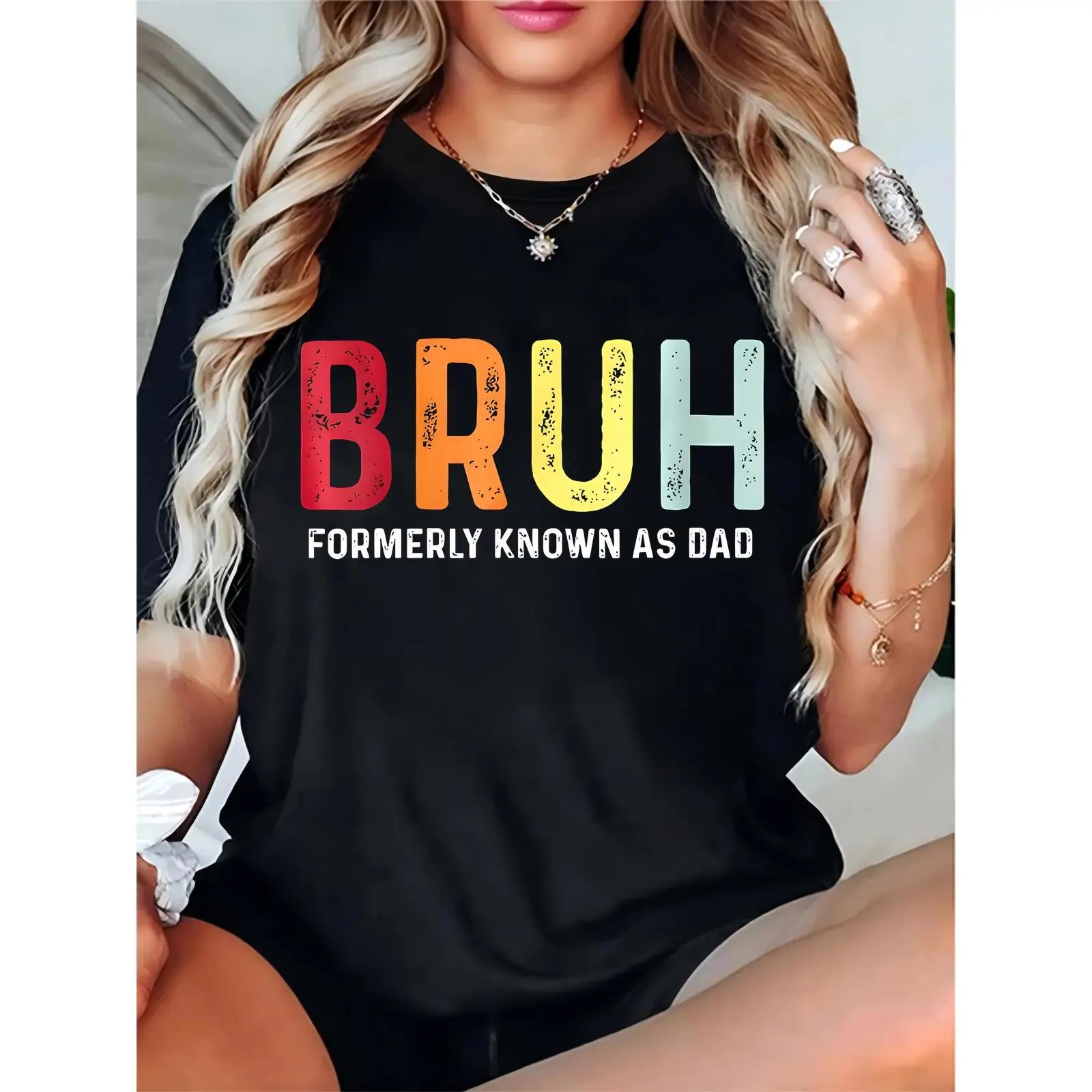 Unisex Black T-Shirt with Colorful Distressed 'BRUH' & 'Formerly Known As Dad' Text – Ideal for Father's Day, Casual Daily Wear, Family Gatherings