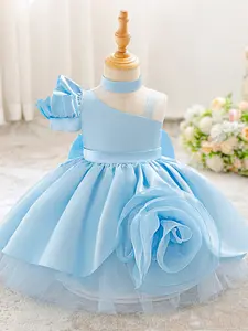 Baby Girl Clothes Infant Christening Cocktail Toddler Baptism Pageant Birthday Party Sloping Shoulders 3D Floral Bow Ball Gown Princess Dress for all Season 6 Months to 3 Years