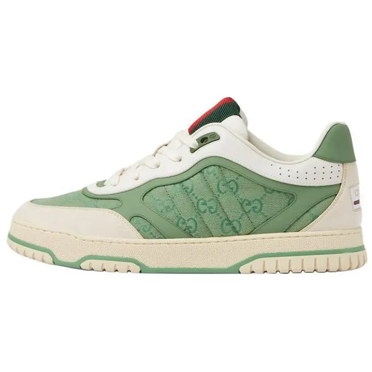 Gucci Men's Re-Web Leather Round-Toe Logo Low-Top Sneakers - Green Casual Walking Footwear, House White Official Trainer (Excludes Maison Mihara Fragment)
