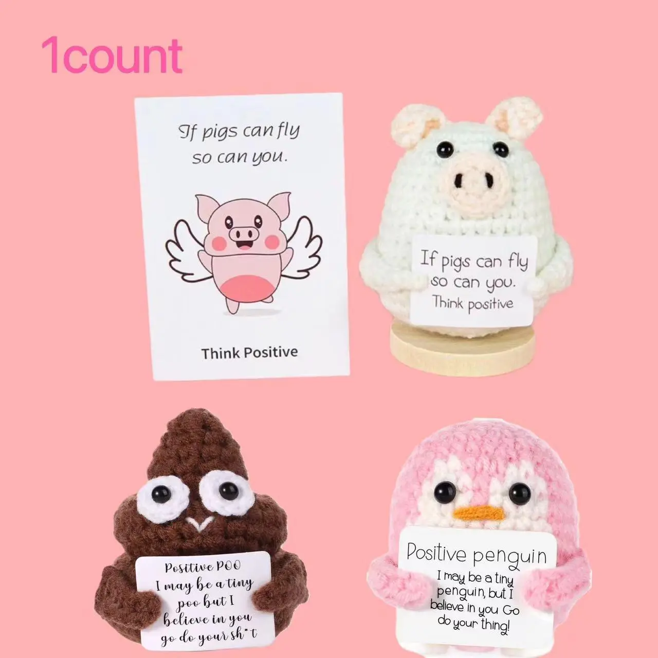 Cute Pig & Penguin Design Crochet Ornament, 1 Count Positive Energy Penguin Crochet Plush Toy with Positive Energy Card, Encouraging Decoration for Friends, Crochet Animals