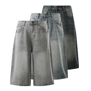 Men’s summer retro three-quarter denim wide-leg pants with a washed distressed design, loose straight fit, street style, fashionable and versatile, suitable for everyday wear #SummerVibes