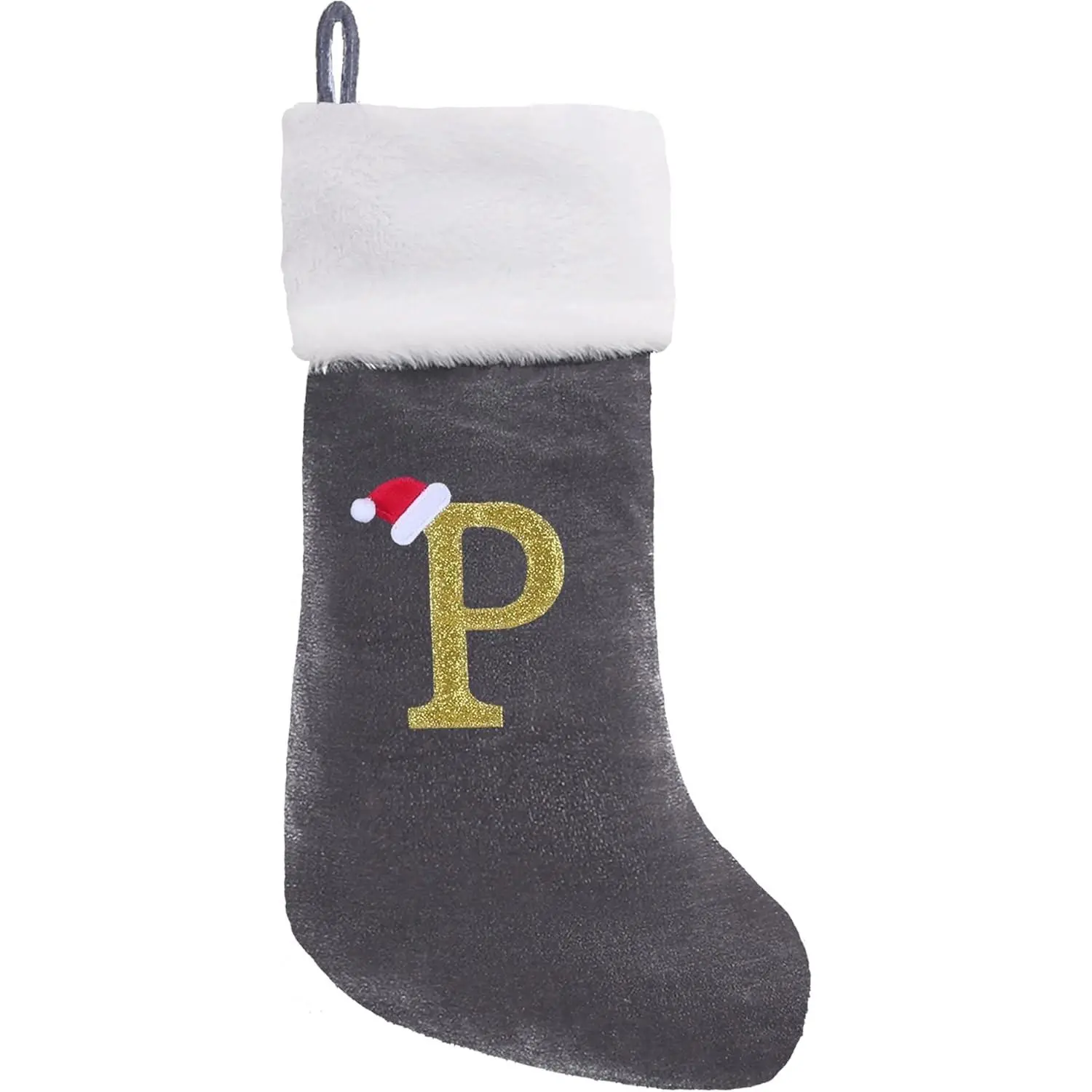 20 Inches Monogram Christmas Stockings with Letters Large Super Soft Christmas Stockings, Grey Velvet with White Plush Cuff Embroidered Xmas Stocking for Christmas Family Decor Letter P