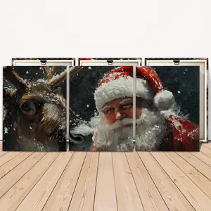 3 Counts Wooden Framed Canvas, Christmas Reindeer And Santa Painting Images, Exquisite Poster, Perfect Living Room Decoration, Modern Art, Fashion Family Poster, Wall Art Decoration, Waterproof Art, Modern Home Decoration