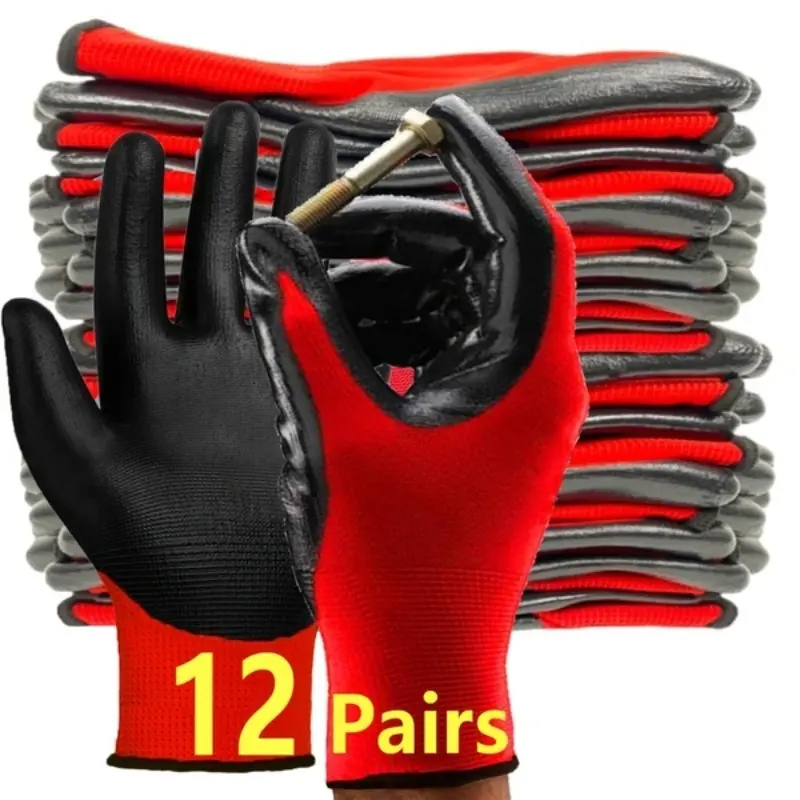 12 Pairs Nitrile Coated Safety Gloves, Thick Durable Latex Nylon Heavy Duty Work Gloves, Specialized for Construction Site Use Construction Gear
