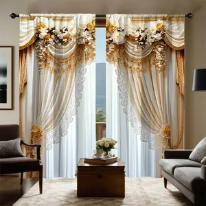 2pcs Royal Floral Curtains, European Luxury Long Panel Lace Decorative Blackout Curtains, Suitable for Living Room Bedroom Wedding Banquet, Home Decoration Curtain