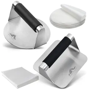 Homi Styles Stainless Steel Burger Press 5.5 inch Round & Square Meat Masher with Silicone Handles Non-Stick Hamburger Press 100Pcs Parchment Papers for Perfect Patties