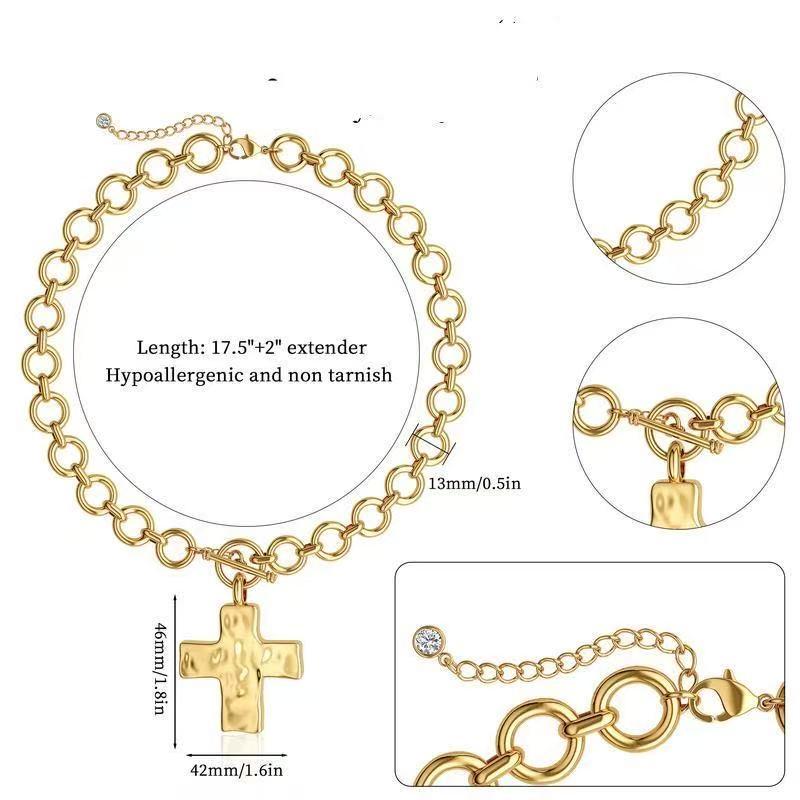 Gold Chunky Cross Necklace for Women Statement Cross Pendant Necklace Layered Hammered Bold Cross Necklace Vintage Toggle Clasp Necklace Jewelry