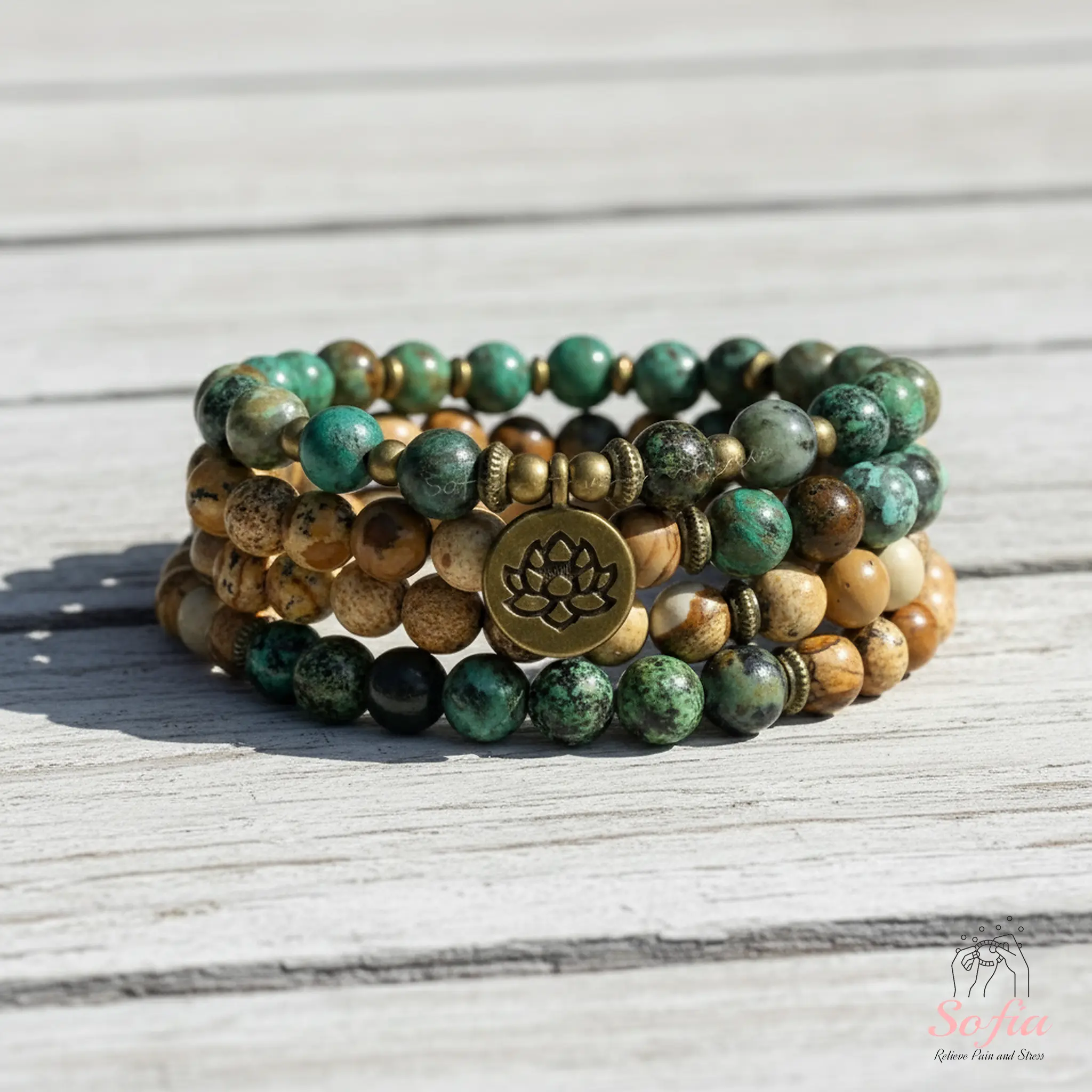 Sofia 108 Mala Beads Natural African Turquoise Stone Bracelet Crystal Wrap Bracelet 8mm Brown Gemstone Mala Bracelet Necklace for Daily Use Christmas Gift , Xmas Gift