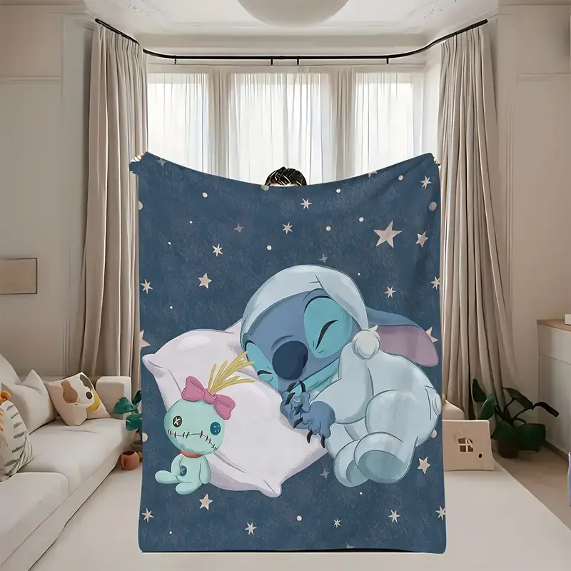 [SummerVibes] DISNEY CLASSIC Stitch Blanket - Comfortable, Warm And Soft Blue Cartoon Design with Stars, Perfect for Travel, Sofa Or Bed, Travel Blanket