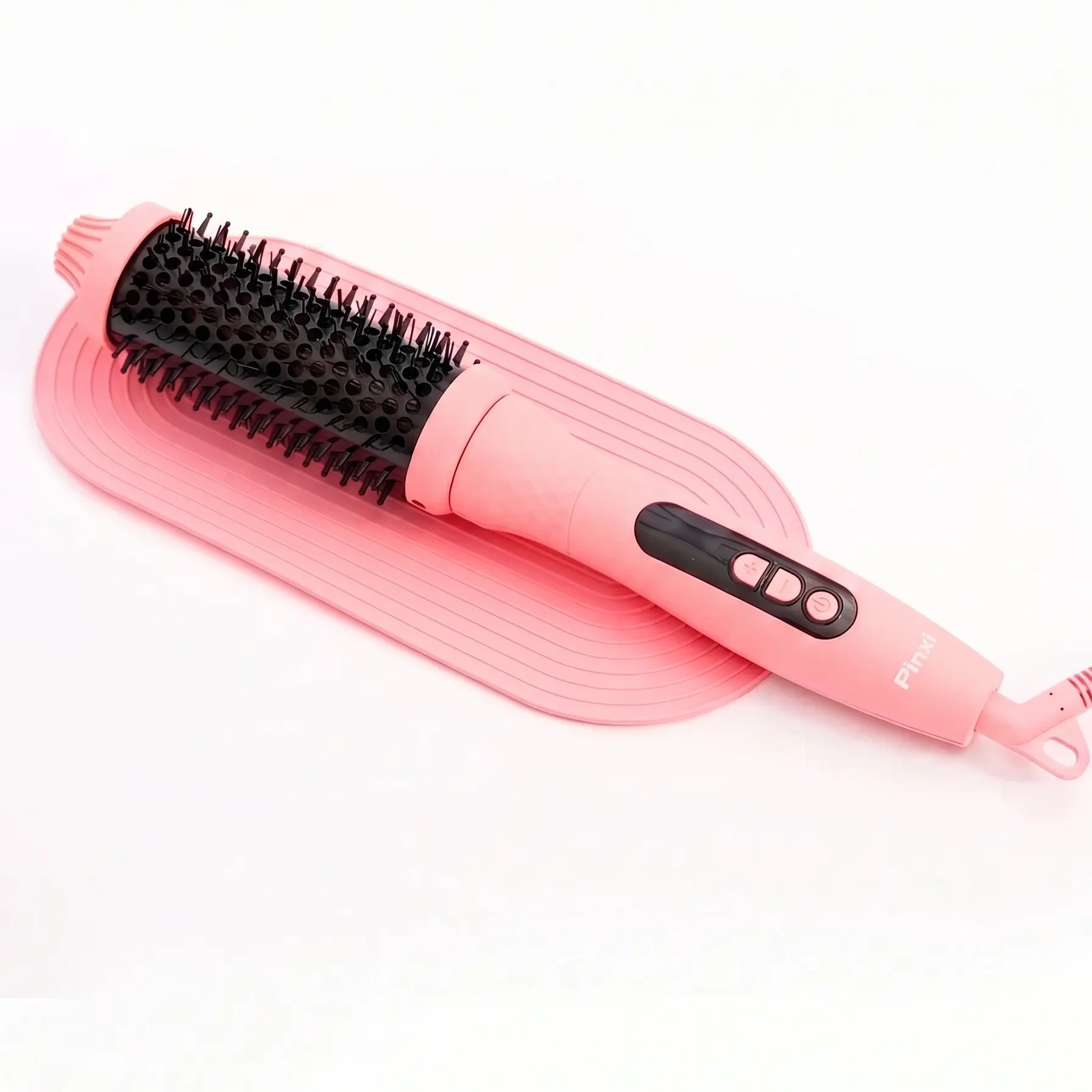 Pinxi Volumizing Thermal Round Brush — Heated Blowout Curling Brush for Volume & Waves, 1.5" Ceramic Ionic Barrel, 10 Heat Settings up to 410°F, Digital Display, Heat-Resistant Mat Included
