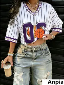 Vintage 90s Striped Basketball Jersey, Retro Los Angeles Street Style Crop Top, Sporty Loose-Fitting T-Shirt for Women