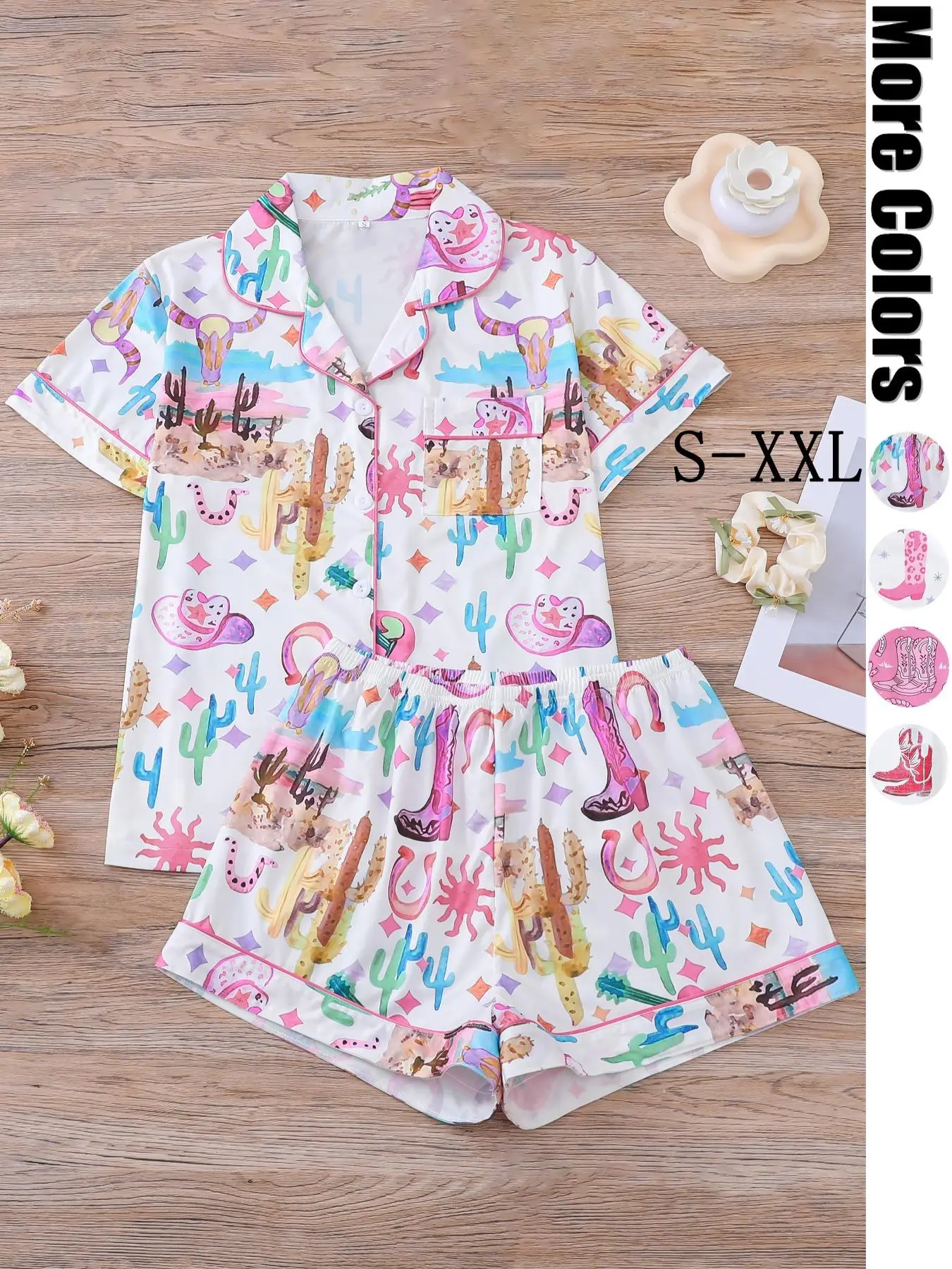 Women's All Over Print Shirt & Shorts Pajama, Western Cowboy Style Casual Comfy Short Sleeve Pocket Top & Shorts Set, Ladies Sleepwear for All Seasons