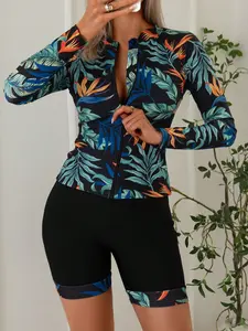 Tropical Plant Print Zipper Long Sleeve Swimwear, Swimsuit Women, Slim-Fitting Casual Tanqini for All Seasons, Perfect for Surfing and Water Sports