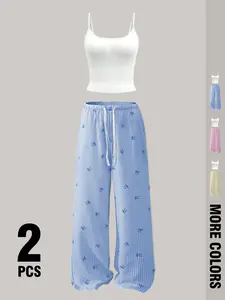Cute Bow-Print Loungewear Set | 2-Piece Tank Top & Baggy Pants 🌸 Soft, breathable, elastic fabric, stretchy waist, and 3 color options! Perfect for cozy days, #LoungewearVibes #CozyOOTD #CuteHomeWear #2026LoungeSet — Comfort meets sweet style!
