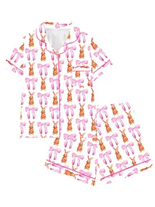 Easter Cute Bunny Teenage Girl Lapel Short Sleeve Pajama Set, Ribbon Pajamas, Comfortable Sleepwear, Outer Wear, Party Style, All Seasons