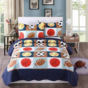 2/3 PCS Kids Sports Balls Quilted Bedspread Set, Basketball Soccer Baseball Football Patchwork Bed Cover with Pillow Shams, Lightweight All Season Bedding for Boys Twin/Full Size Bed, Sports Themed Bedroom Decor