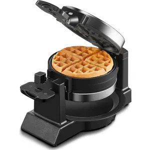 Classic Waffle Iron, 1400W Double Belgian Waffle Maker, 8 Slices, Rotating & Nonstick Plates, Cool Touch Handles, Stainless Steel, Black Finish