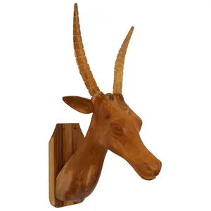212 MAIN Handmade Traditional Teak Log Elk Head Western Wall Art - Brown-Coated Artistic Ornament with Rustic Woodgrain Print, Nature-Infused Home Decor Supplies for Room Decoration