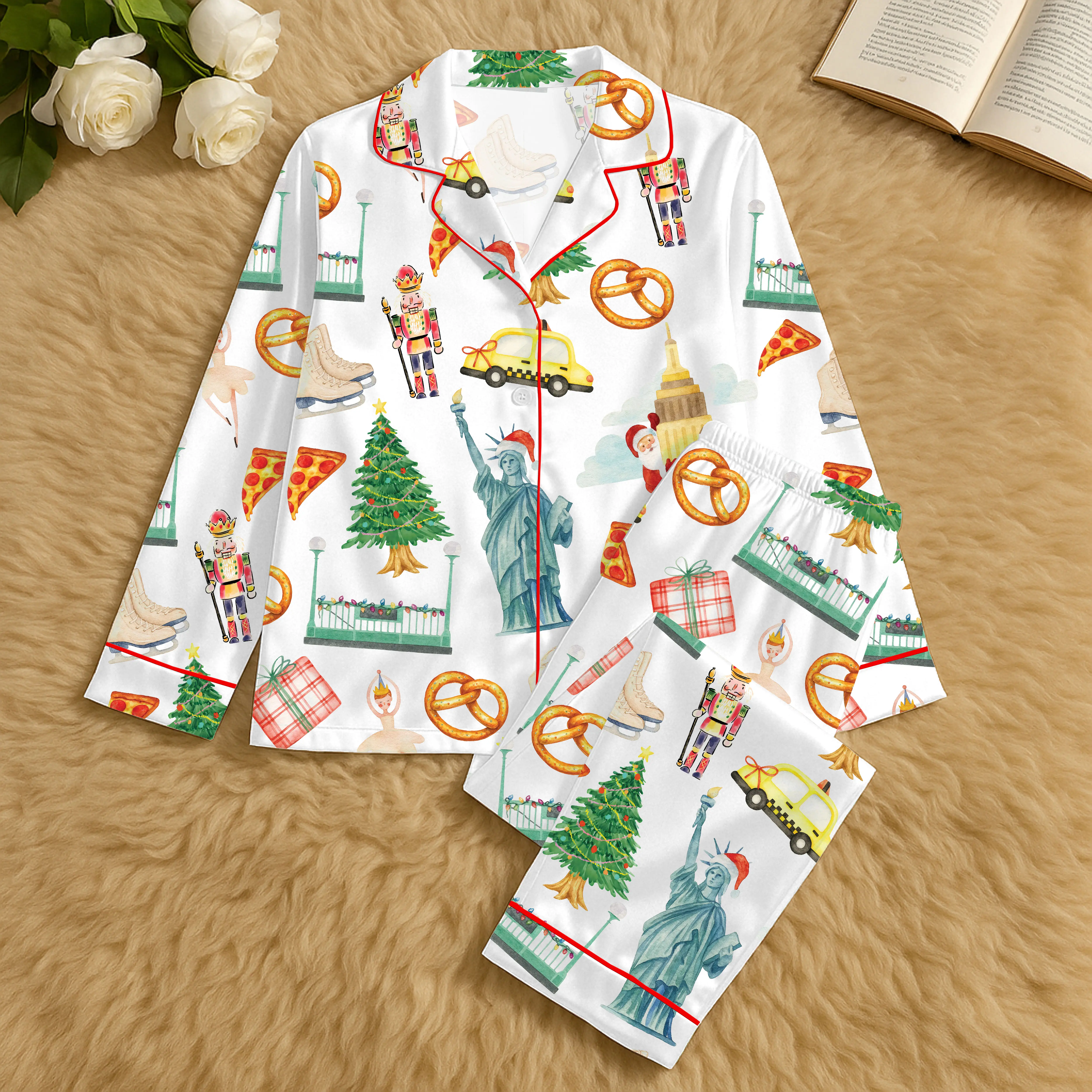 Women's Elegant Christmas New York Print Glossy Satin Pajama Set - Polyester, Breathable, Lightweight Sleepwear with Elastic Drawstring, Adjustable Fit for Everyday Use