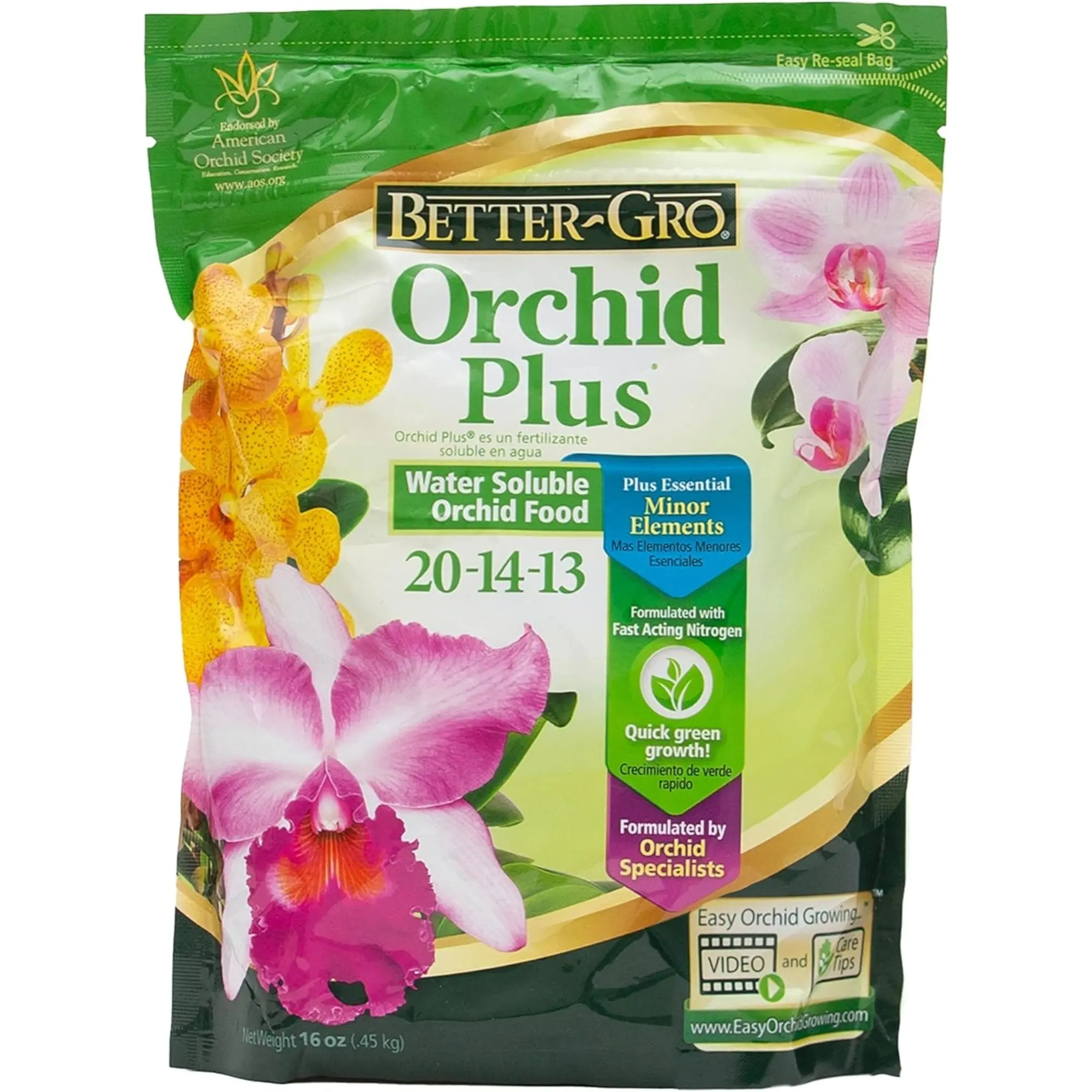 Better-Gro Orchid Plus 20-14-13 - Urea-Free Orchid Water Soluble Fertilizer for Vigorous Growth, Nitrate Nitrogen-Rich, Ideal for Indoor Potted Plants and Tropical Plants - 16oz Resealable Bag