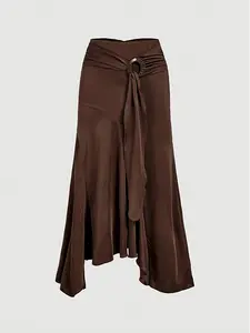 Women's Casual Patchwork Side Slit Asymmetrical Hem Midi Skirt, Fitted Urban Elegant Chic Style, Lady, Perfect for Daily Wear, Comfortable Fit, Womenswear, Bottom