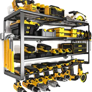 Heavy Duty Wall Mount Tool Organizer with Charging Station, Multi-Slot Metal Storage Rack for Power Tools, Garage Workshop Battery Tool Hanger & Shelf System
