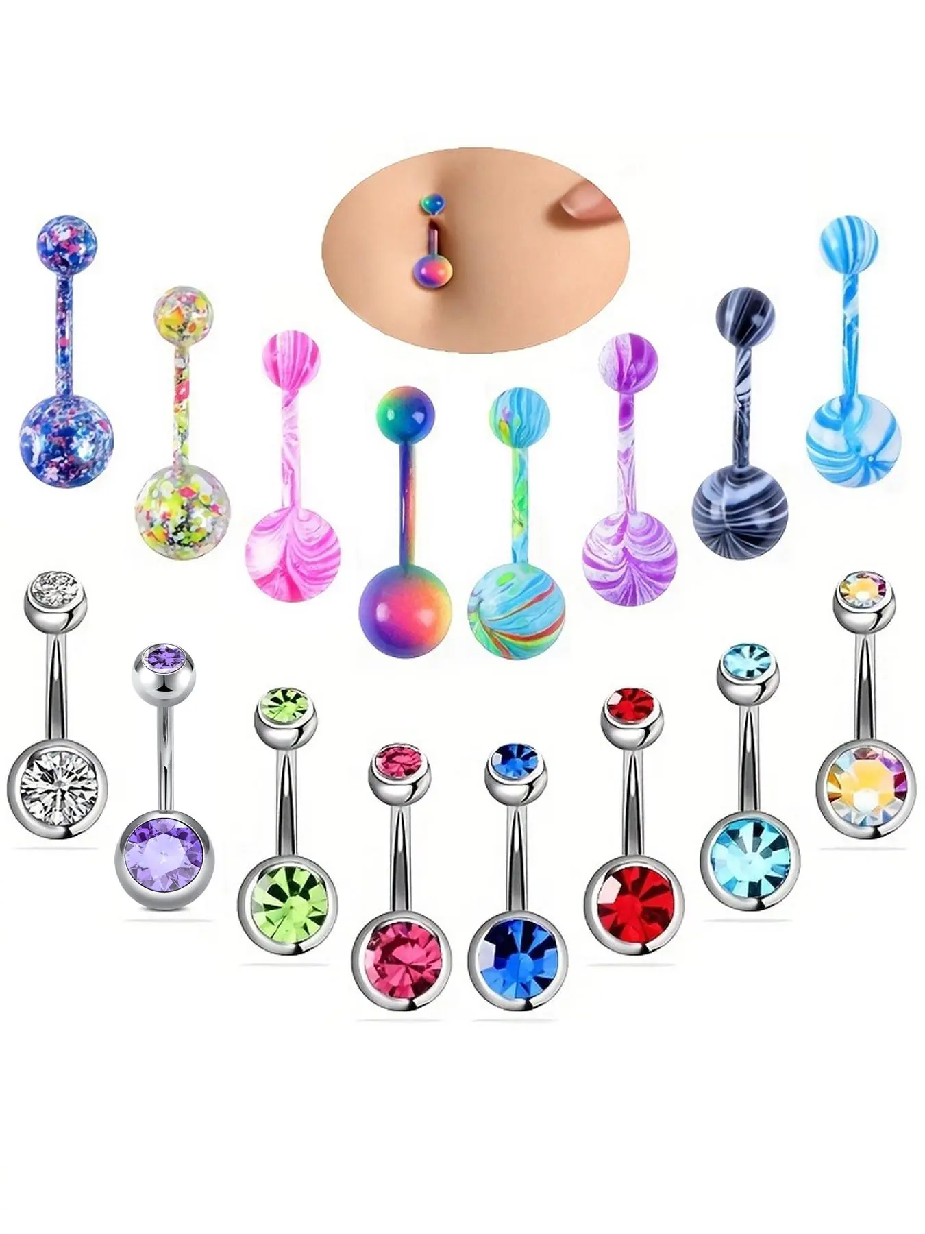 Rhinestone Decor Ball Design Belly Rings, 16pcs/set Fashion Belly Piercing Jewelry for Women & Girls for Party, Daily Clothing Decor, Trendy All-match & Exquisite Body Jewelry Navel Piercing Jewelry, Belly Button Jewelry for Birthday Gift
