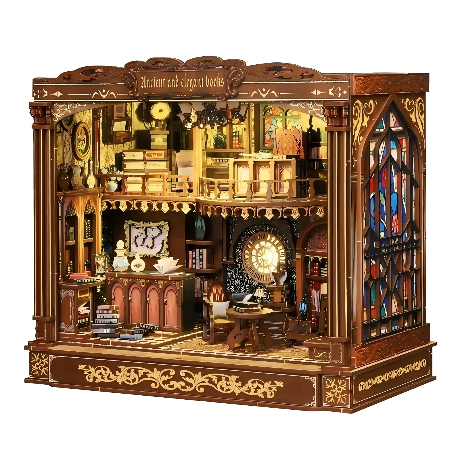 DIY 3D Wooden Mechanical Diorama Kit for Adults, LED Light-Equipped Miniature Library Assembly Model with Ancient Elegant Books, Wooden Mechanical Diorama Kits