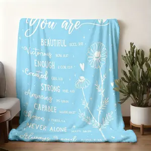 2026 New Arrival Blue background encouraging words Bible verses flowers..png Print BlanketNordic Minimalist Flannel Throw, Winter Office Nap Blanket for Men & Women, Ultra-Soft Double-Sided Fleece,