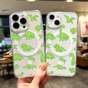 A Cute Animated Green Dinosaur Pattern Transparent Magnetic Phone Case, Suitable for iPhone 17 Air/16 Plus/15 Pro Max/14 Pro/13/12/11/XS Max/X Phone Case, Ideal Gift for Family, Friends, Lovers,Boyfriend,Girlfriend,Best Choice for Holiday Gifts TMYKLCXK24