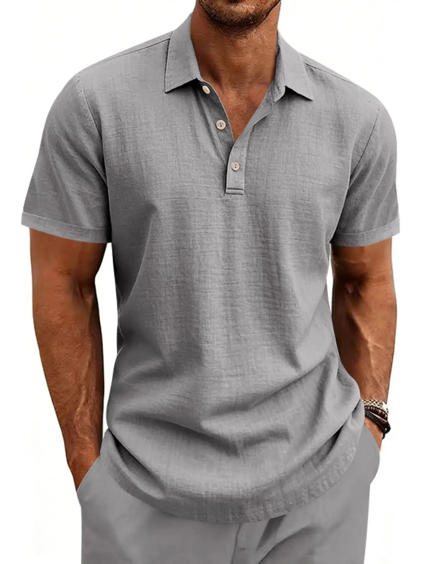 Men's Solid Color Linen Blend Fabric Polo Shirt for Daliy Wear, Casual Loose Short Sleeve Henley Golf Top, Lightweight Breathable Summer Button T-Shirt, Comfortable and Stylish，Multiple Colors Available.