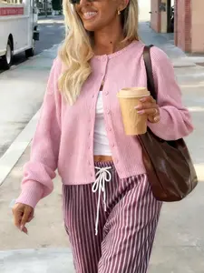 Women's Solid Color Round Neck Single Button Long Sleeve Knit Cardigan, Soft Elegance Casual Fashion, Perfect for Dating Commuting