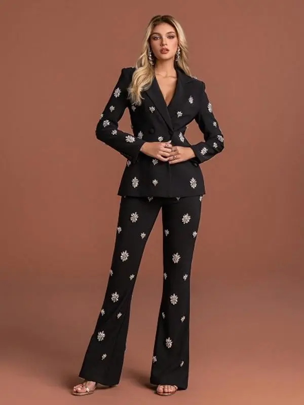 Women's Chic Classic 2-Piece Elegant Black Polyester Suit Set - Crystal Accents Rhinestones V-Neck, Regular Long Sleeves, Button Details, Fitted Cut Non-Stretch Fabric, All Seasons Below the Ankle Evening Wear