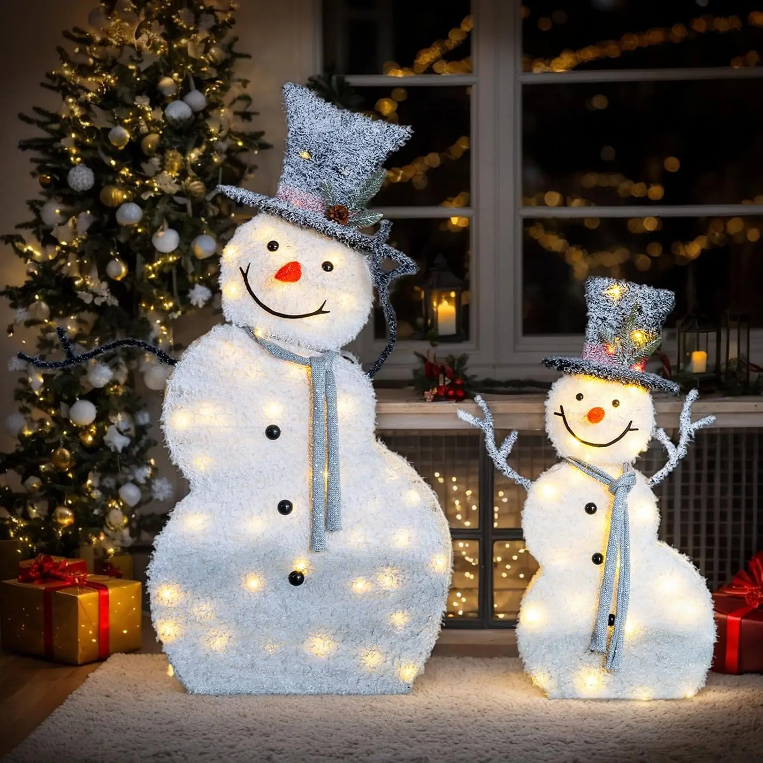 5ft Set of 2 Lighted Snowman Christmas Decorations, 2D Tinsel Snowmen with Top Hats, 80 Warm White LED Lights, Indoor Outdoor Xmas Yard Lawn Porch Holiday Decor