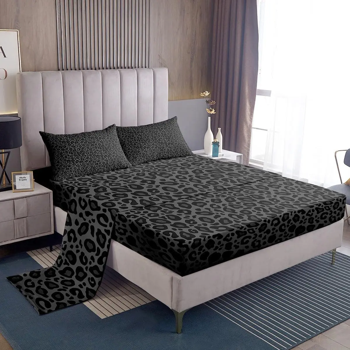 Leopard Print Fitted Sheet Set,Gray Wild Animal Skin Teens Sheets,African Cheetah Wildlife Bedding Sets (1 Fitted,1 Flat, Pillowcases) Luxury Deep Pocket Bed Sheets