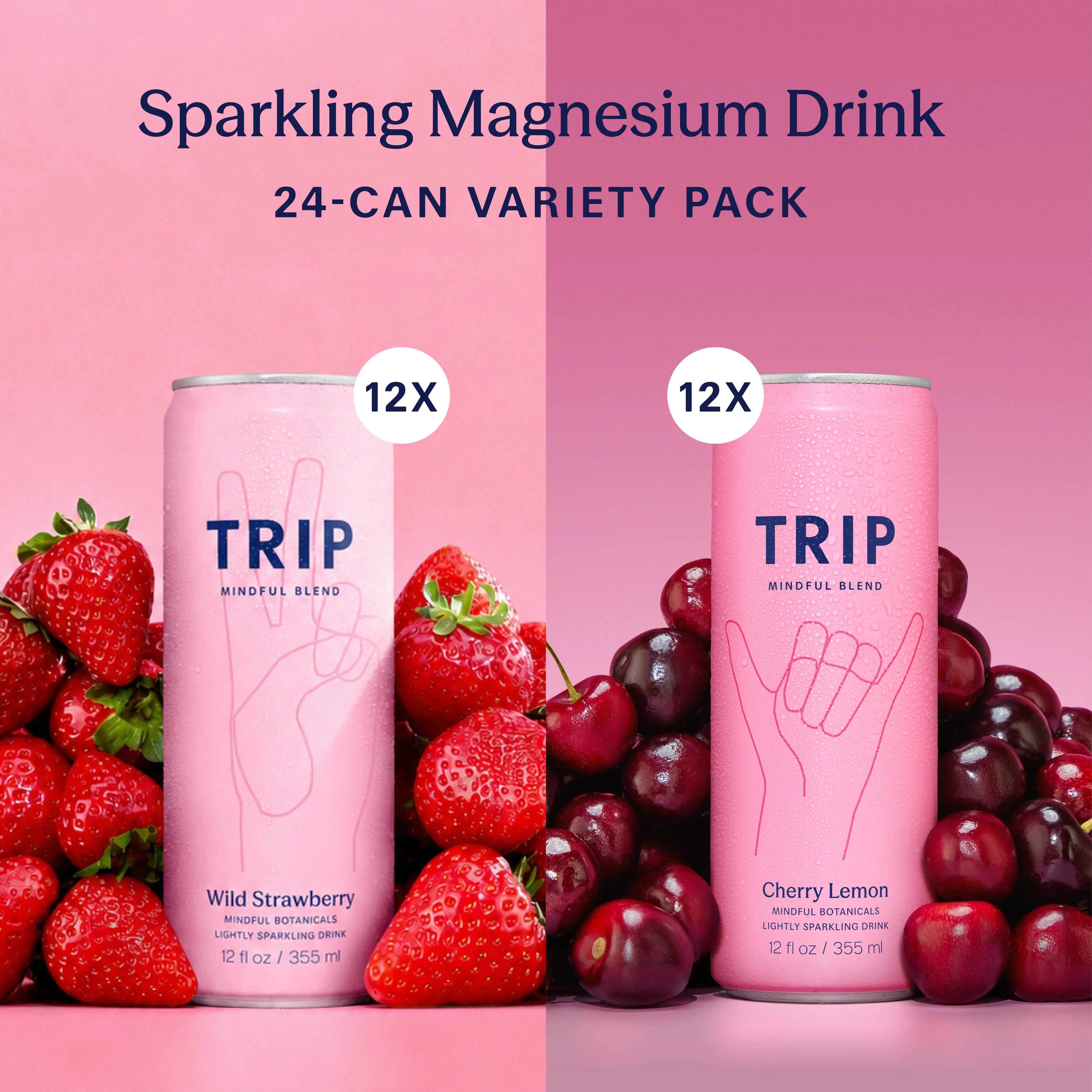 TRIP Magnesium & Adaptogen 24-Pack: Cherry Lemon (Chamomile & Lemon Balm) + Wild Strawberry (Ashwagandha & L-Theanine) – 25 Calories, No Added Sugar, Vegan Lightly Sparkling Drinks